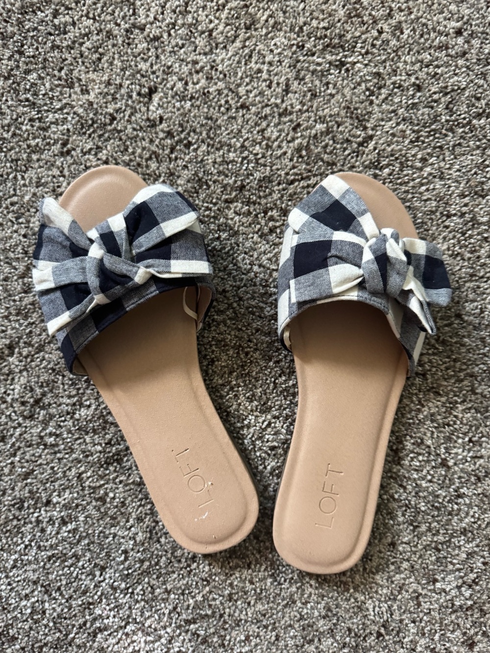 LOFT Blue & White Gingham Knot Slide Sandals